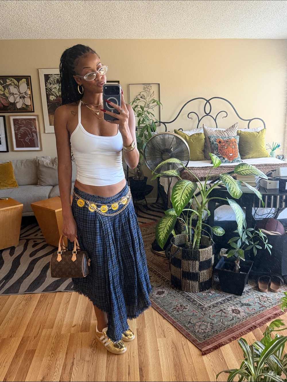 🛑SOLD -Free People Blue Plaid Asymmetrical Skirt with Frayed Hem